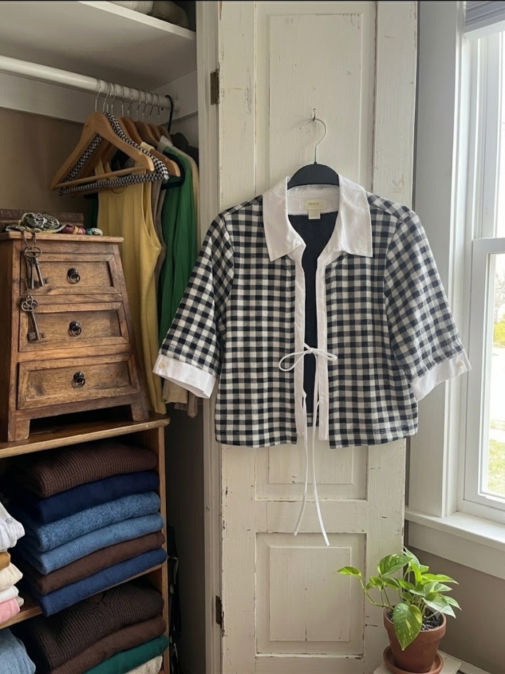 Anthropologie Black & White Gingham Tie-Front Blouse